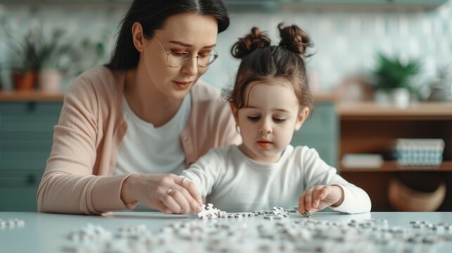 A loving mother and her young daughter enjoying time together working collaboratively to build a puzzle on the coffee table in their cozy home  The scene captures the warmth affection