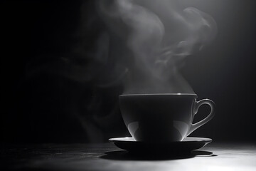 Silhouette of a coffee cup and steam rising from it, set against a monochromatic background, minimalistic style.