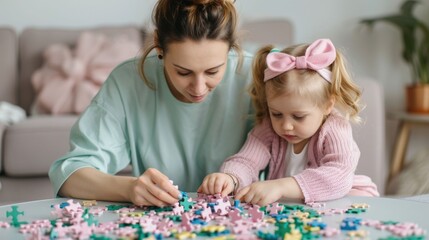 Fototapeta premium Joyful Mother and Daughter Spending Time Together Building a Puzzle on the Coffee Table in a Cozy Home Setting