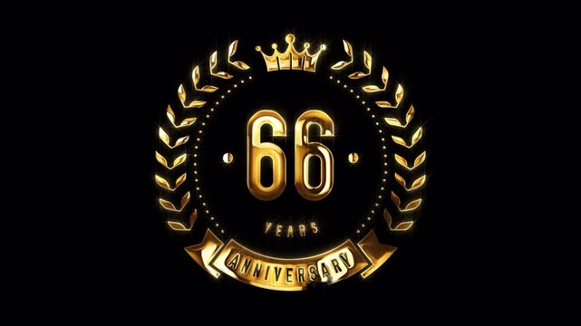 66th Anniversary Celebration. Happy 66 Years Anniversary Animation in Gold Color on the Transparent Background, Alpha Channel. Great for greetings, celebrations, events, and gifts.