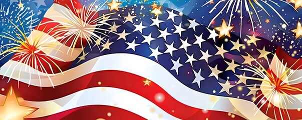 Obraz premium American Flag Waving with Fireworks and Stars