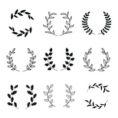 Vector black laurels set. Circular foliate laurels branches. Laurel wreath silhouette. Trophy crest. Greek olive branch award, winner round emblem