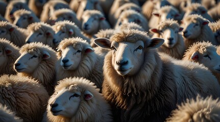 A black sheep among a flock of white sheep, raising head as a leader.generative.ai