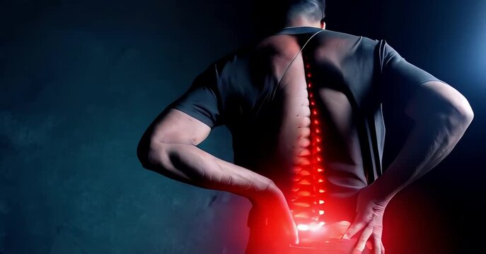 Man with back pain holding his lower back against dark background showing lower back pain, experiencing painful condition, discomfort and struggle