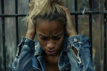 Obraz premium A young woman appears distressed, holding her head in her hands, captured in a moment of confusion and emotional turmoil, set against a gritty background.