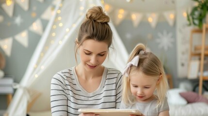 A mother and daughter decorating their home together adding creative festive touches to a room with string lights garlands and other decorative elements to create a cozy warm