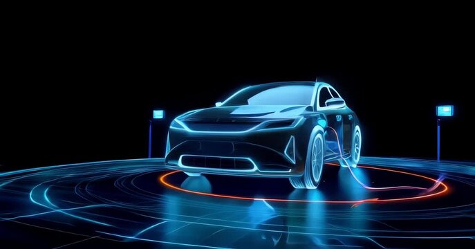 Digital holographic electric vehicle charging on dark background showing electric vehicle concept, futuristic technology, modern transport