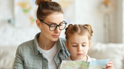 A mother and her young daughter sitting together on a couch surrounded by maps travel brochures and other vacation planning materials