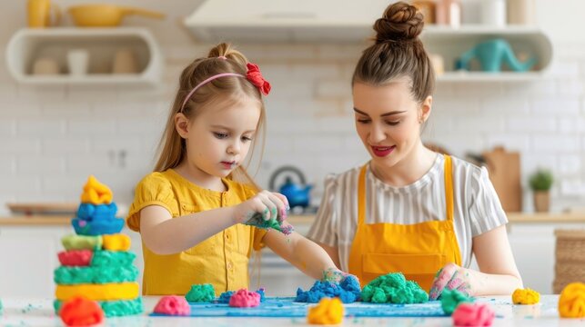 Smiling mother and young daughter enjoying time making colorful homemade playdough in the kitchen  Vibrant textures shapes and creativity as they bond through a hands on educational activity - Powered by Adobe