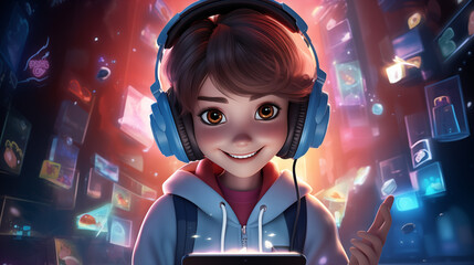 Youthful Gamer Immersed In Digital World With Blue Headphones And Tablet Smiling Amidst Neon Lights And Floating Icons