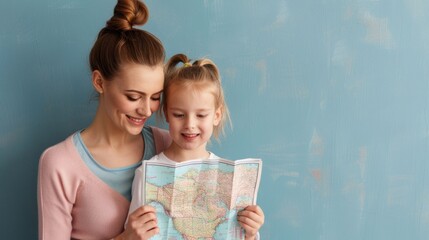 A mother and her young daughter sharing a warm embrace as they plan their upcoming family vacation surrounded by maps brochures and a sense of excitement and anticipation for the adventure to come