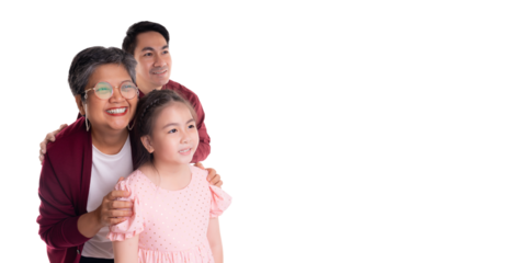 Joyful multigenerational family portrait featuring a grandmother, father, and young girl, symbolizing family unity and love against a clean white background. They are looking to copy space with happy