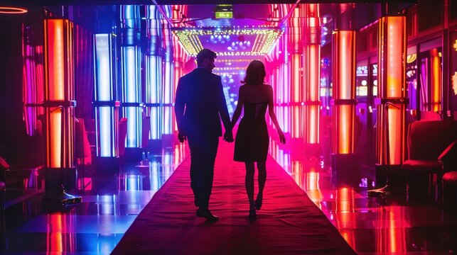 A couple strolls together through a colorful corridor illuminated by neon lights - Powered by Adobe