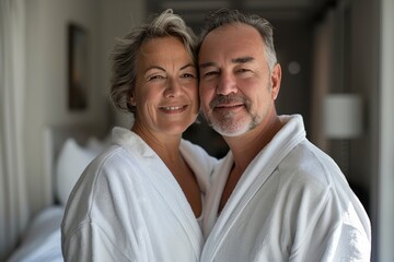 A joyous middle-aged couple wearing white bathrobes embraces each other with smiles in a warmly lit room, highlighting their strong bond and happiness together.