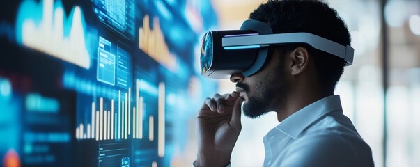 Business professional exploring virtual reality in modern office environment