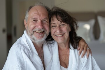 A senior couple dressed in white bathrobes are embracing each other closely and smiling, showcasing their affectionate and loving relationship inside a cozy home setting.