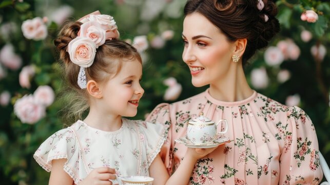 Elegant mother and young daughter in floral dresses bonding over a beautiful tea party in a lush blooming garden full of flowers Family love and concept - Powered by Adobe