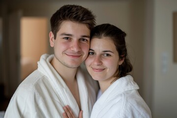 A happy young couple, dressed in white robes, is seen embracing and smiling warmly. The cozy indoor ambiance adds to the image's emotional depth and intimacy, perfect for stock use.