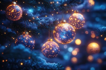 enchanted forest christmas tree bioluminescent ornaments glowing amid pine needles mystical creatures peeking out starry night sky visible through branches