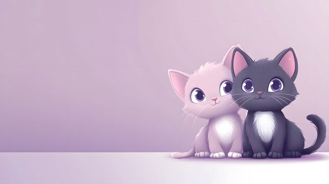 Two adorable cartoon cats sitting side by side on a white surface against a light purple background. Template for quotes, and greetings cards.