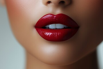 Fototapeta premium Close-up image of glossy red lips showcasing vibrant makeup and smooth, flawless skin.