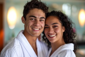 Obraz premium A young couple in matching white bathrobes smiles brightly at the camera, depicting a scene of relaxation and happiness in a cozy, contemporary indoor space with soft lighting.