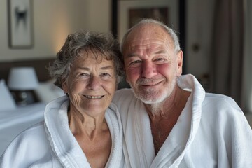 An elderly couple smiling warmly while wearing comfortable white robes, captured in a cozy and intimate setting that highlights their close bond and affection for each other.