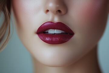 Fototapeta premium A close-up photo highlighting a woman's red lips with perfect makeup and smooth skin, ideal for beauty and cosmetics.