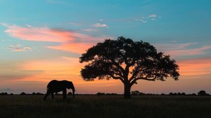 Fototapeta premium elephant silhouette and big tree in field 