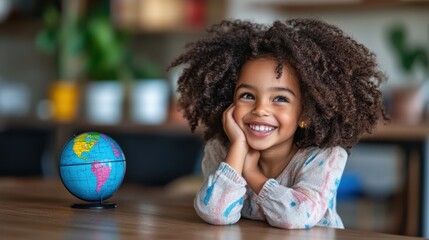 Fototapeta premium A young girl with curly hair leans on her hands, smiling joyfully next to a globe, in a well-lit, vibrant classroom, representing the boundless opportunities in learning and education.
