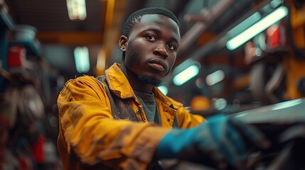 A man in a yellow jacket is working on a machine