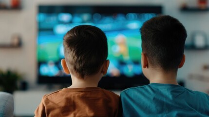 Father and Son Bonding Over Watching Sports Game Together on Big Screen Television in Comfortable Living Room Environment Sharing Time and Excitement