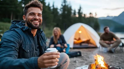 Fotobehang A person in a dark jacket smiles warmly, holding a mug, while sitting beside a campfire and a tent at dusk, with friends enjoying their camping adventure in nature. © Pinklife