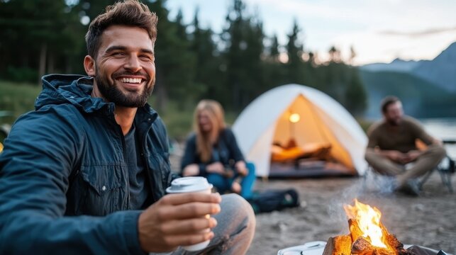 A person in a dark jacket smiles warmly, holding a mug, while sitting beside a campfire and a tent at dusk, with friends enjoying their camping adventure in nature.