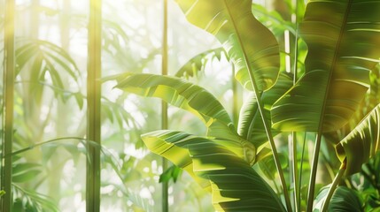A vibrant tropical forest scene with sunlight streaming through the trees and foliage. Lush green plants, dense vegetation, and a clearing in the center.