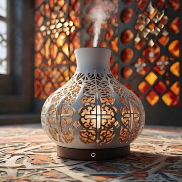 Elegant Decorative Diffuser with Intricate Cutwork Design Emitting Aroma, Warm Light, and Steam.