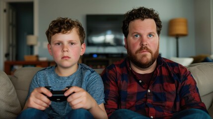 Father and young son sitting together on couch in living room deeply engaged in playing video game on gaming console controller Moments of family time bonding and entertainment in comfortable