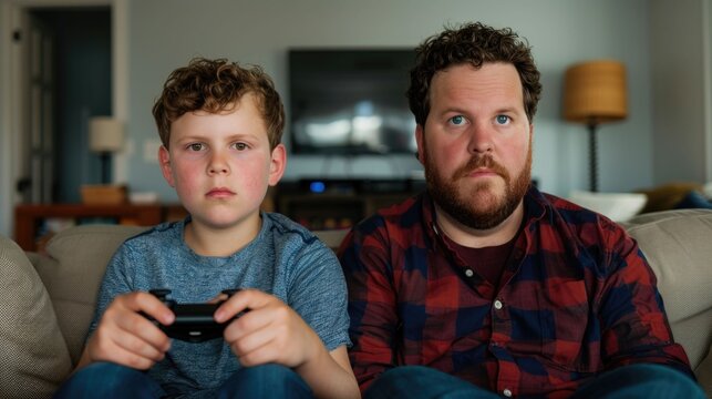 Father and young son sitting together on couch in living room deeply engaged in playing video game on gaming console controller  Moments of family time bonding and entertainment in comfortable