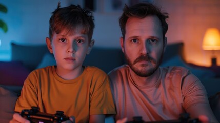 Father and son spending time together playing video games on the living room couch with a blurred background showcasing their close relationship and shared hobby