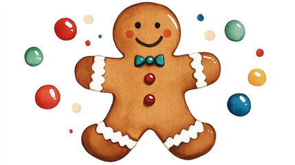 Naklejka premium A festive gingerbread man adorned with icing and colorful candy details watercolour illustration 