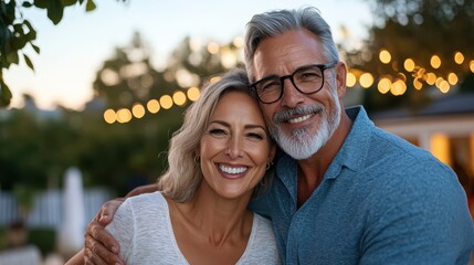 A smiling mature couple with gray hair and glasses stand outside at twilight, embracing each other warmly, with bokeh lights and greenery in the background, enjoying an event.