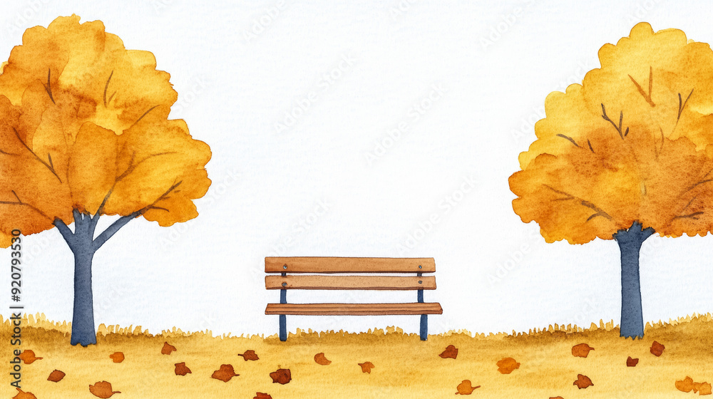 Canvas Prints A peaceful autumn park bench surrounded by golden leaves and tall trees watercolour illustration 