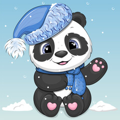 Cute cartoon panda with blue winter hat and scarf. Vector illustration of an animal on a blue background with snow. © Olena
