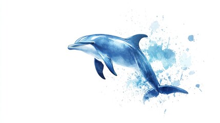 Obraz premium Watercolor painting of a dolphin leaping out of the water, with splashes of blue paint surrounding it.