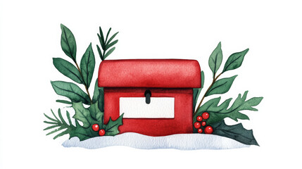 A snow covered red mailbox decorated with festive holly and a holiday card watercolour illustration 