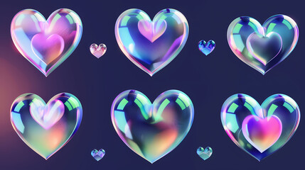 3d holographic hearts set isolated on dark background