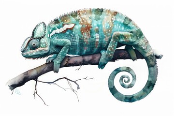 Obraz premium A vibrant blue chameleon perched on a tree branch, showcasing intricate details and color gradations.