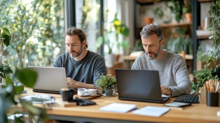 Two men concentrate on their laptops in a bright, plant-filled workspace, creating a productive and serene environment that combines technology and nature for optimal focus.