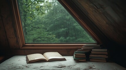 Cozy reading nook by the rain-soaked window with an open book and stacked volumes in a rustic cabin