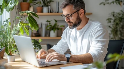 A man working at his desk on a laptop, surrounded by various houseplants, creating a fresh and inspiring work environment within a modern and cozy home office.